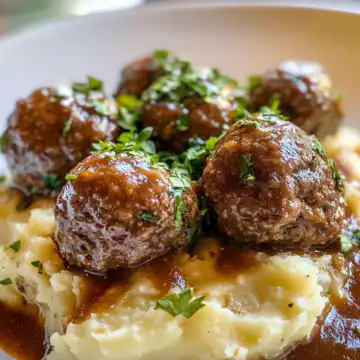 Salisbury Steak Meatballs with Garlic Herb Mashed Potatoes Recipe taken with iphone 15 pro max --iw 2 --ar 4:5 --v 6.1 --raw