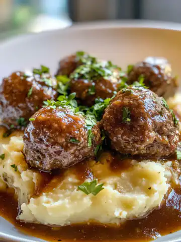 Salisbury Steak Meatballs with Garlic Herb Mashed Potatoes Recipe taken with iphone 15 pro max --iw 2 --ar 4:5 --v 6.1 --raw