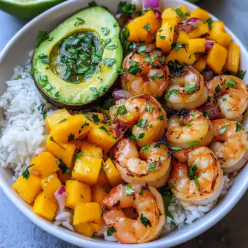 Shrimp and Avocado Bowls with Mango Salsa and Lime-Chili Sauce Recipe taken with iphone 15 pro max --iw 2 --ar 4:5 --v 6.1 --raw