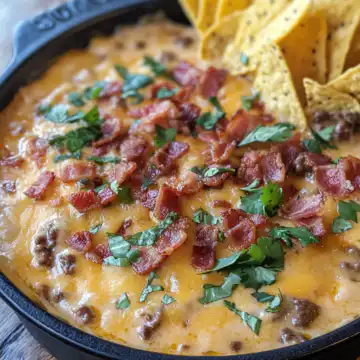 Sizzling Bacon Cheeseburger Queso Dip Recipe taken with iphone 15 pro max --iw 2 --ar 4:5 --v 6.1 --raw
