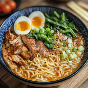 Spicy Chicken Ramen with Creamy Garlic Sauce Recipe taken with iphone 15 pro max --iw 2 --ar 4:5 --v 6.1 --raw