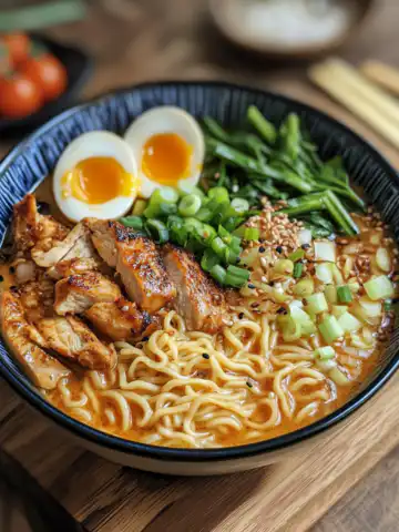 Spicy Chicken Ramen with Creamy Garlic Sauce Recipe taken with iphone 15 pro max --iw 2 --ar 4:5 --v 6.1 --raw