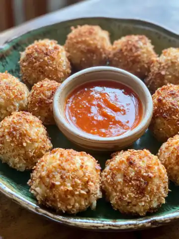 Spicy Crispy Reuben Balls with Spicy Dipping Sauce Recipe taken with iphone 15 pro max --iw 2 --ar 4:5 --v 6.1 --raw
