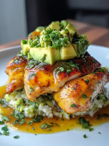 Stacked Honey Lime Chicken with Avocado Rice Recipe taken with iphone 15 pro max --iw 2 --ar 4:5 --v 6.1 --raw