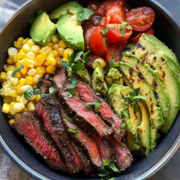 Steak, Avocado & Roasted Corn Bowl Recipe taken with iphone 15 pro max --iw 2 --ar 4:5 --v 6.1 --raw