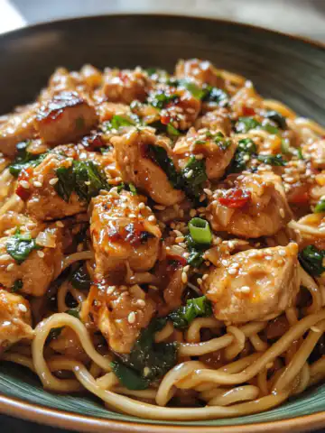 Sticky Garlic Chicken Noodles Recipe taken with iphone 15 pro max --iw 2 --ar 4:5 --v 6.1 --raw