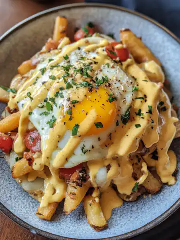 Ultimate Breakfast Poutine with Rich Hollandaise Sauce Recipe taken with iphone 15 pro max --iw 2 --ar 4:5 --v 6.1 --raw