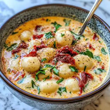Dairy-Free Sun Dried Tomato Gnocchi Soup Recipe taken with iphone 15 pro max --iw 2 --ar 4:5 --v 6.1 --raw