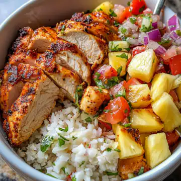 Jerk Chicken Bowl with Pineapple Salsa Recipe taken with iphone 15 pro max --iw 2 --ar 4:5 --v 6.1 --raw