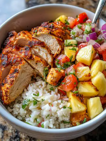 Jerk Chicken Bowl with Pineapple Salsa Recipe taken with iphone 15 pro max --iw 2 --ar 4:5 --v 6.1 --raw